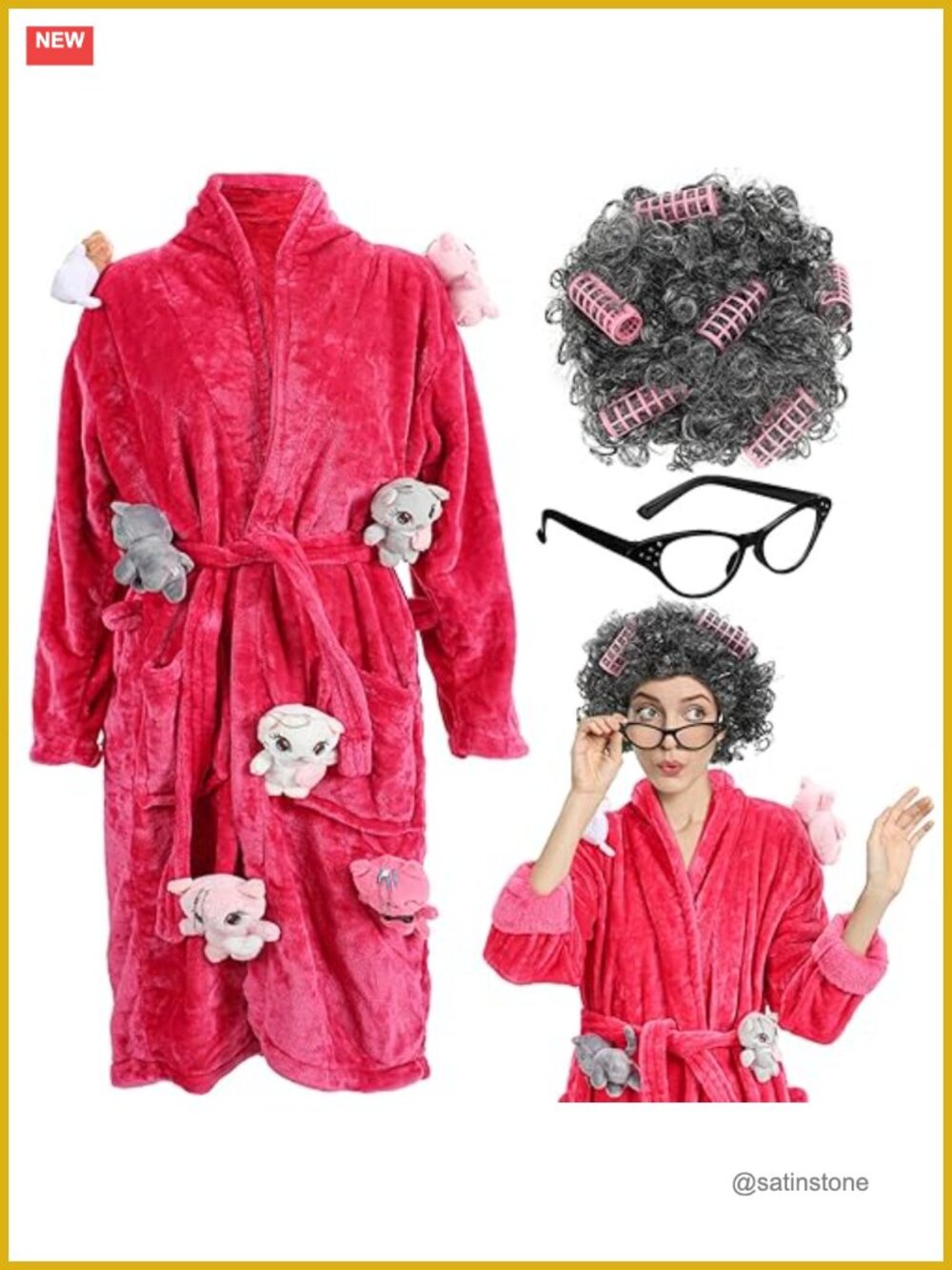 Cat Lady Costume Set Robe Wig Glasses Coral Fleece Halloween Cosplay
